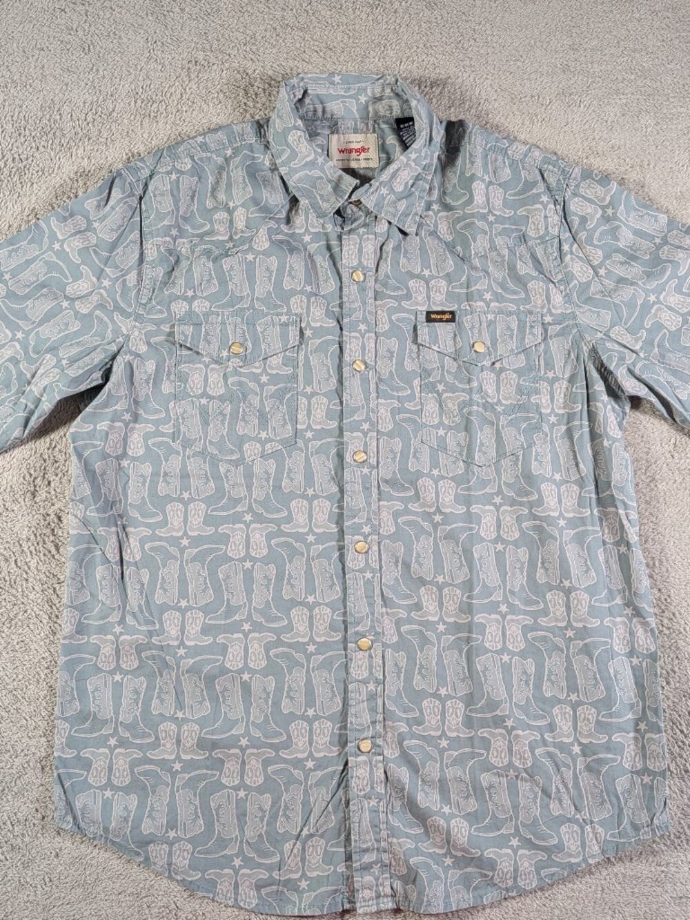Wrangler Men's M Cowboy Boot Print Short Sleeve Western Snap Shirt 100% Cotton